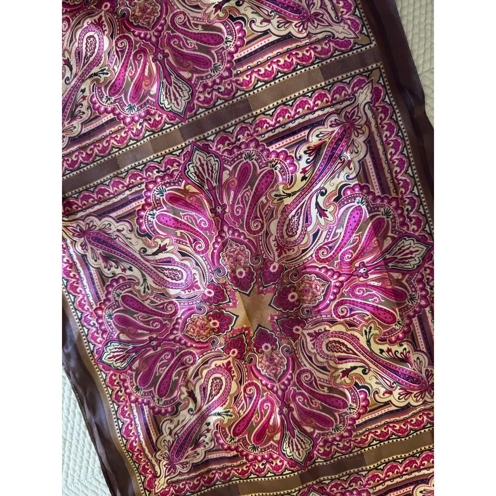 VTG Scarf Brown Magenta Paisley Print Boho Chic Neck Wrap Rectangular Fall
